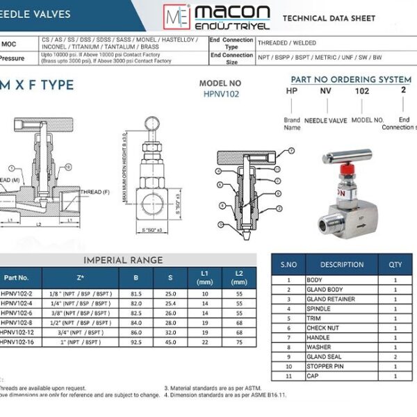 Needle valve F x M without drain